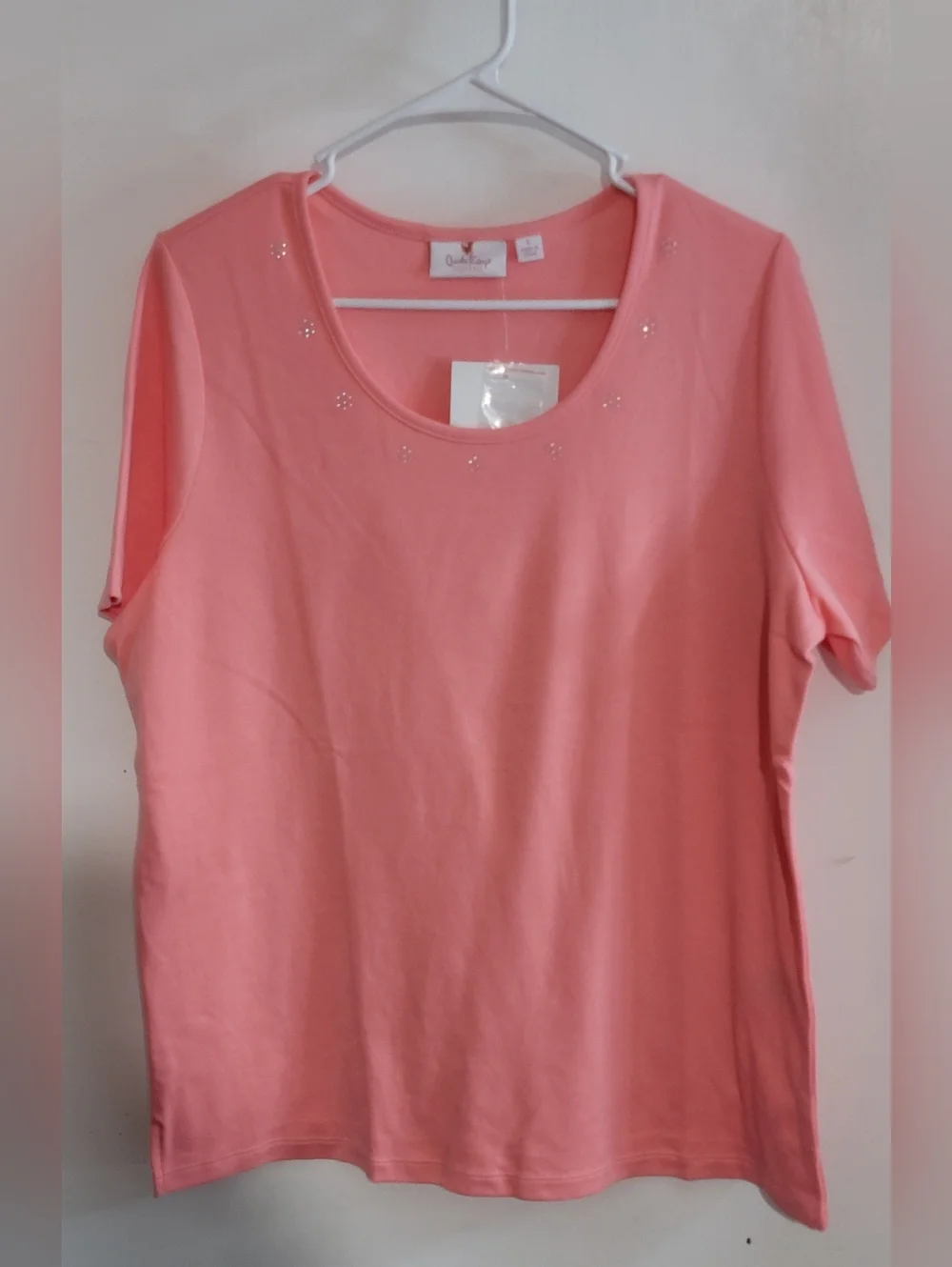 Quacker Factory Coral Short Sleeve Scoop Neck Top with Rhinestone Detail - Picture 1 of 7